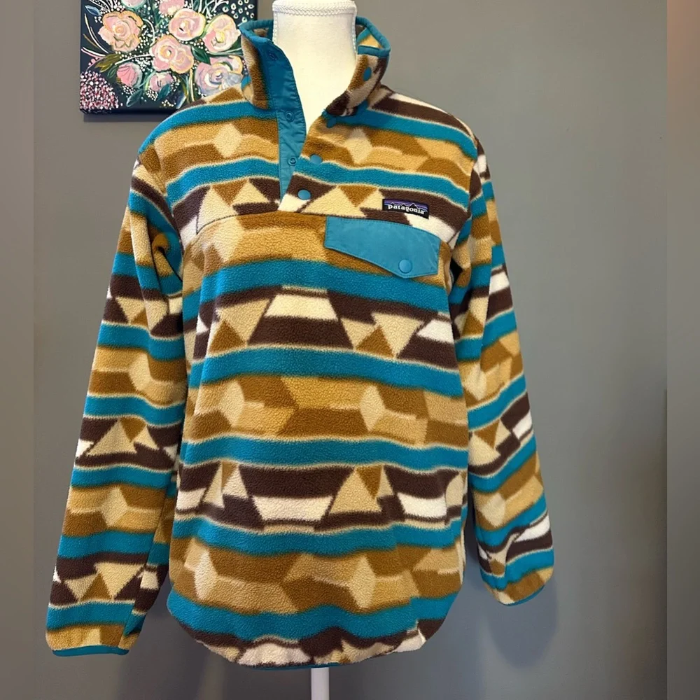 🌟HP🎉Patagonia Synchilla Snap T Fleece in Brown & Teal Guatemalan Tango Print - Picture 3 of 9